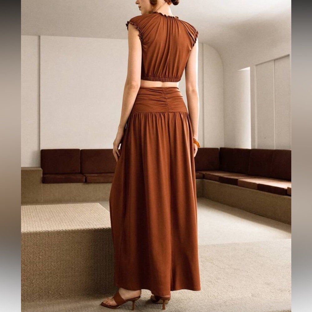 Rust brown stretchy 2 piece matching SET maxi skirt & top set, stretchy - Picture 5 of 7
